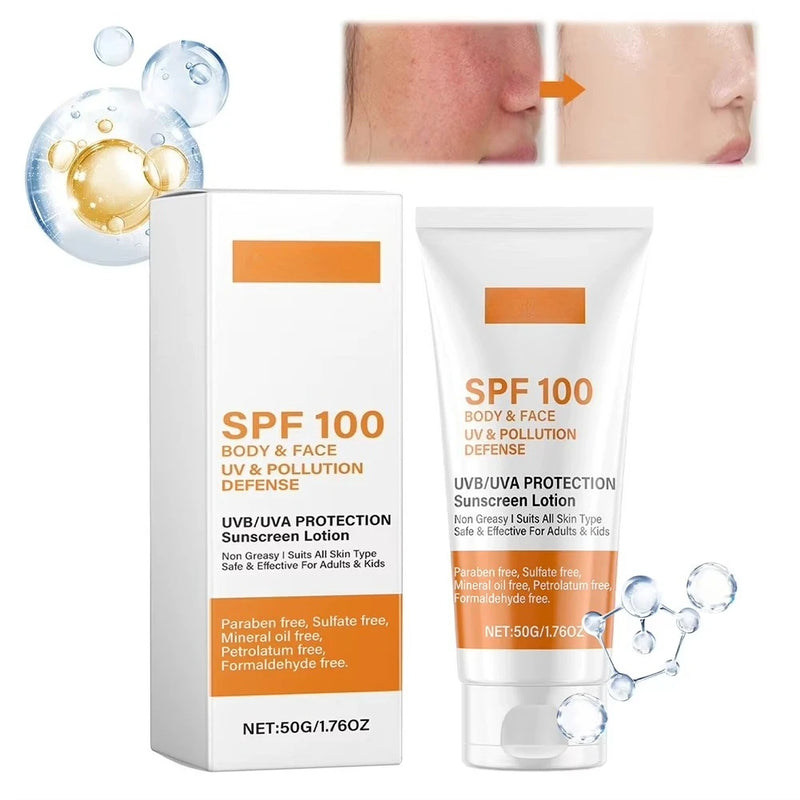 Protector solar facial y corporal no graso FPS 100+, bloqueador solar facial con protección UVA y UVB, crema bloqueadora solar antienvejecimiento para verano y playa.