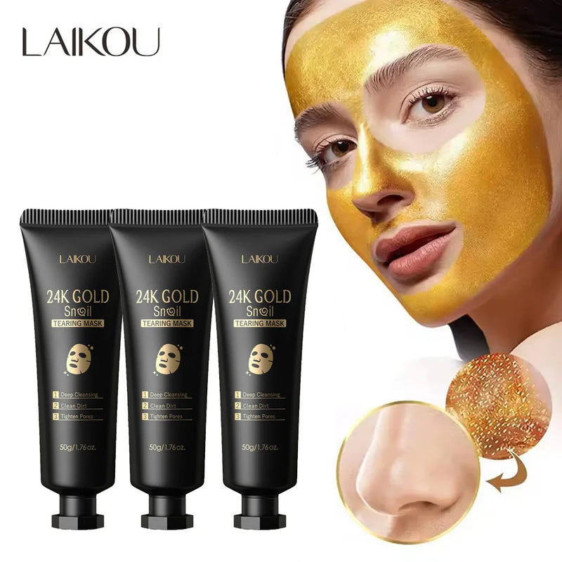 LAIKOU Mascarilla de colágeno de caracol de oro de 24 quilates, mascarilla facial exfoliante, antiarrugas, blanqueadora, elimina puntos negros, mascarilla facial desprendible, producto para la piel