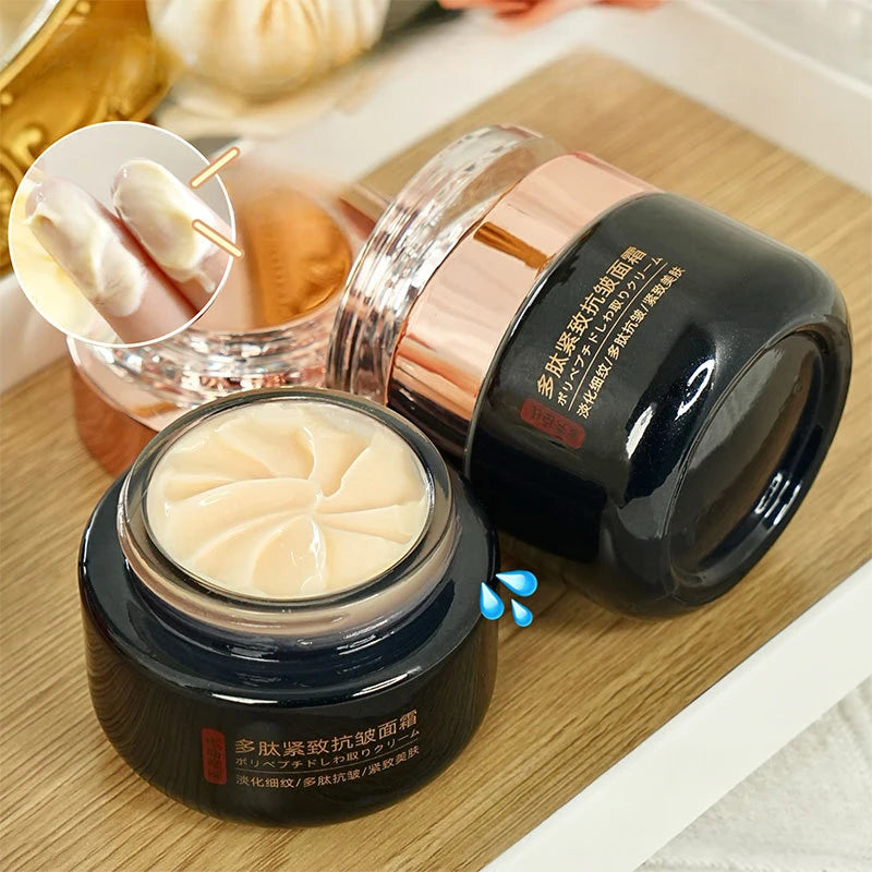 Crema facial reafirmante antiarrugas con polipéptidos. Hidratación profunda. Ilumina la piel opaca. Minimiza las líneas finas. Crema hidratante de día y noche.